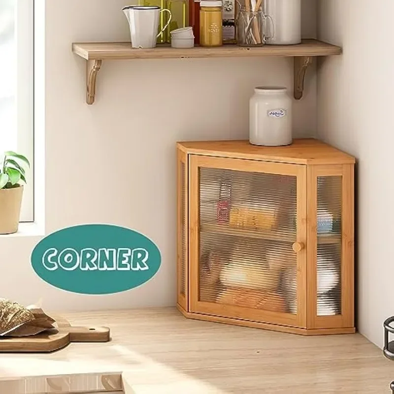 Bread Box for Kitchen Counter, Corner Bread Box, Large Bamboo Wood Capacity Bread Storage Bin with Acrylic Wavy Door