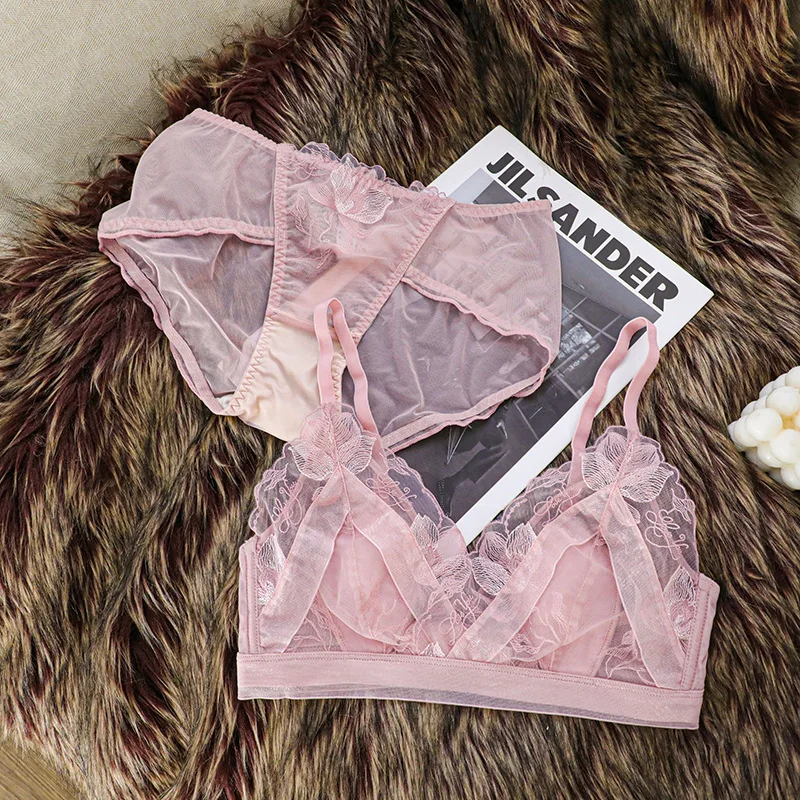 KUCLUT Bra Set French Sexy Sweet Girl Without Steel Ring Color Collision Underwear Thin Section Gathered Lace Triangle Cup Bra