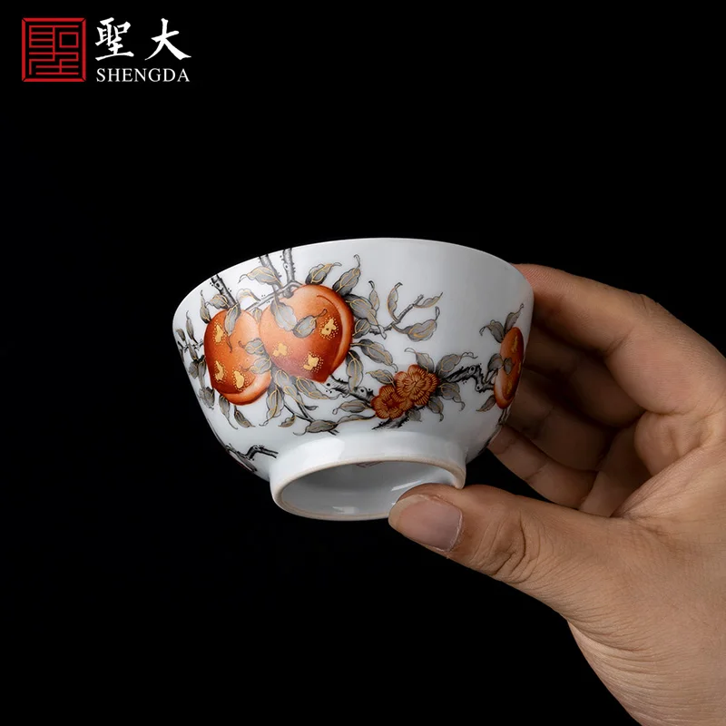 

|ceramic alum red ink color gold over branch longevity peach pattern master cup tea cup Jingdezhen high-grade tea set