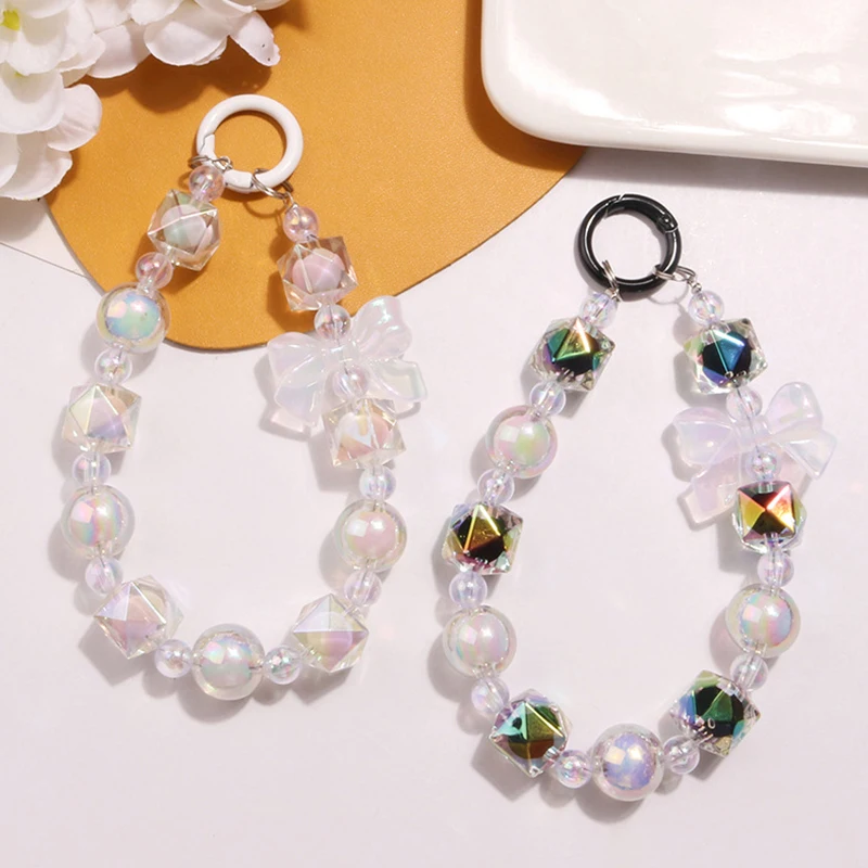 Korean Ins Style Beaded Mobile Phone Chain Acrylic Beaded Bow Wrist Strap Bag Headphone Pendant Charms Phone Keychain