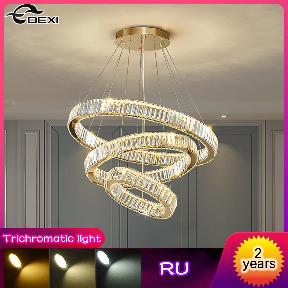 

Nordic Crystal Chandelier Living Room Bedroom Ceiling Lamp Dining Hall Villa Droplight Bar Lighting Lights Three-Color Light LED