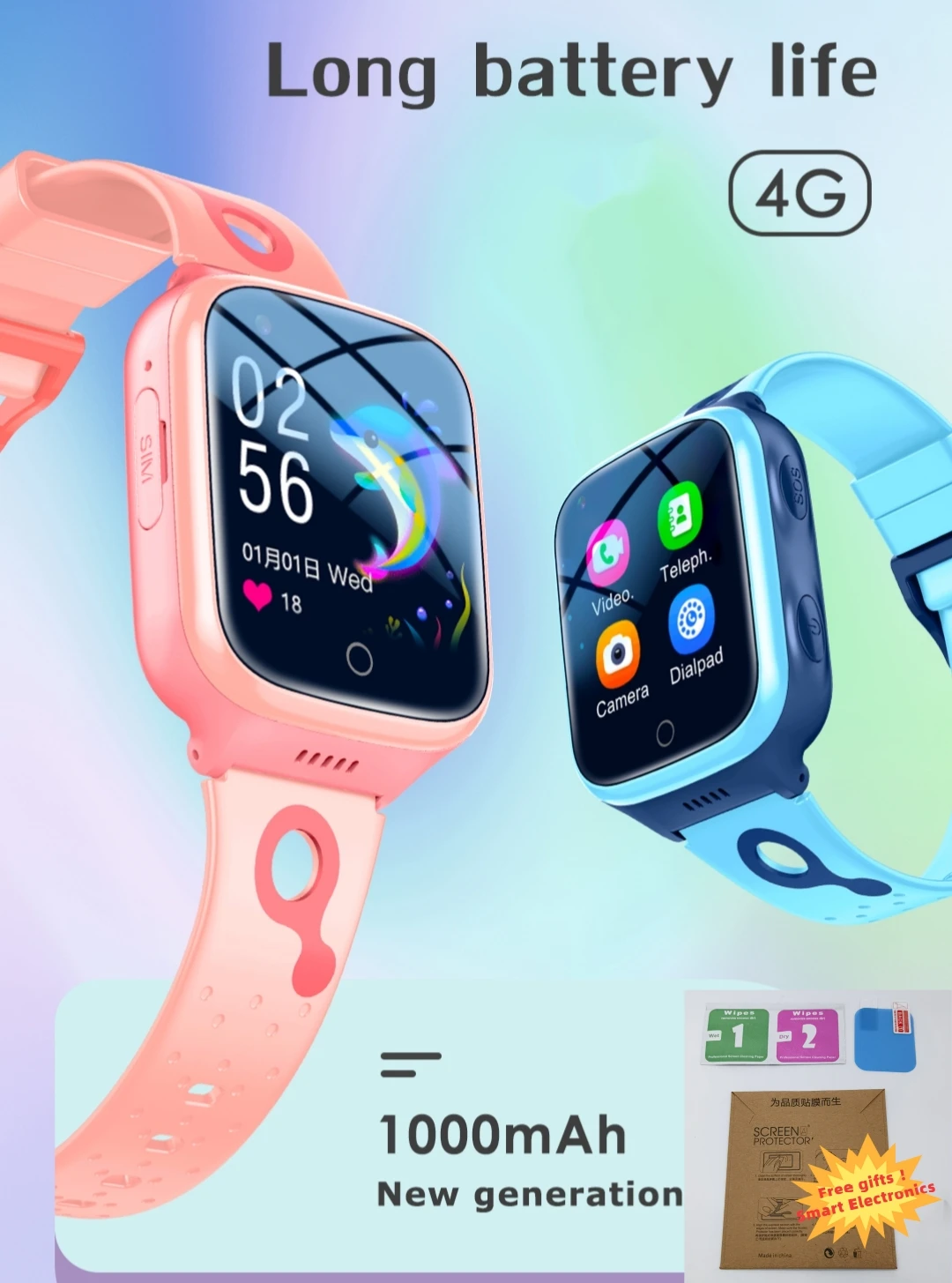 Kids Smart Watch Sim Card SOS Phone Call 1000 mAh GPS Positioning IP67 Waterproof Safety Zone Class Monitoring Children's Gifts