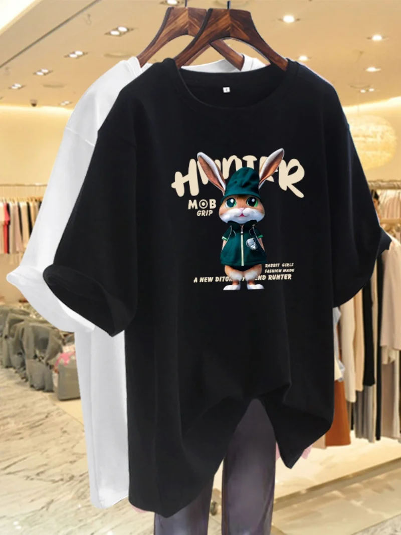 

A Loose Round-neck Short-sleeved T-shirt for Men, A New Summer Fashion Top Made of Pure Cotton, Mint, Green Rabbit Print