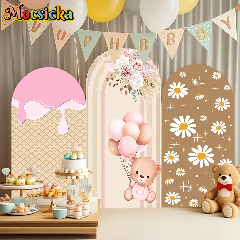 

Mocsicka Arch Backdrop Baby Shower Girl Birthday Adult Wedding Arched Background Cover Cream Bear Flower Decoration Studio Props