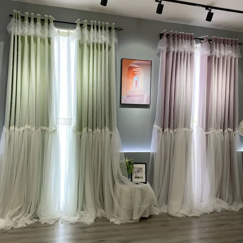 Korean princess style curtains new ins style bedroom dining room living room girl bay window shading green