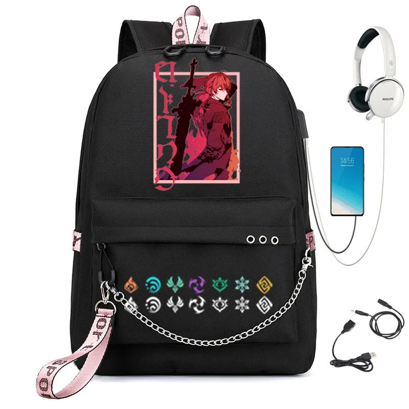 Genshin Impact USB Backpack School Book Bags Fans Travel Bags Laptop Chain Headphone Port