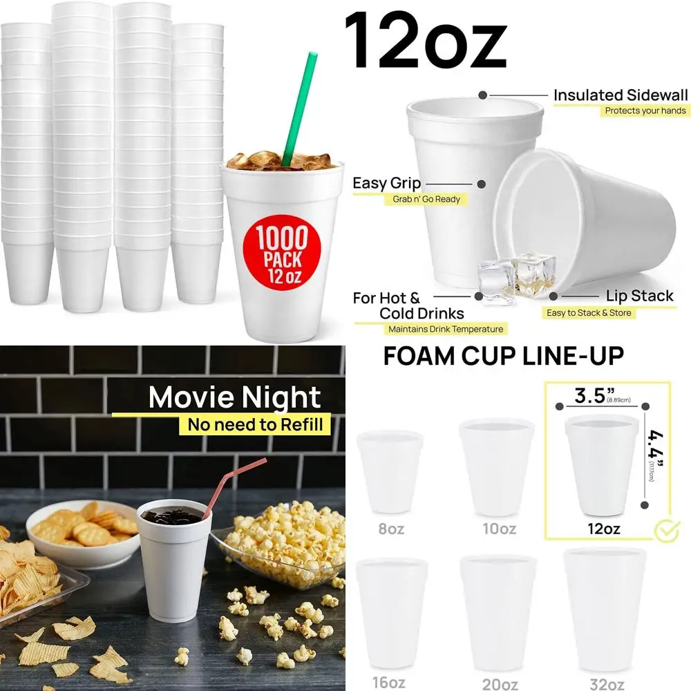 

1000-Pack Disposable White Foam Cups for Beverages, Coffee, Tea, Soda, Juice - Made in USA