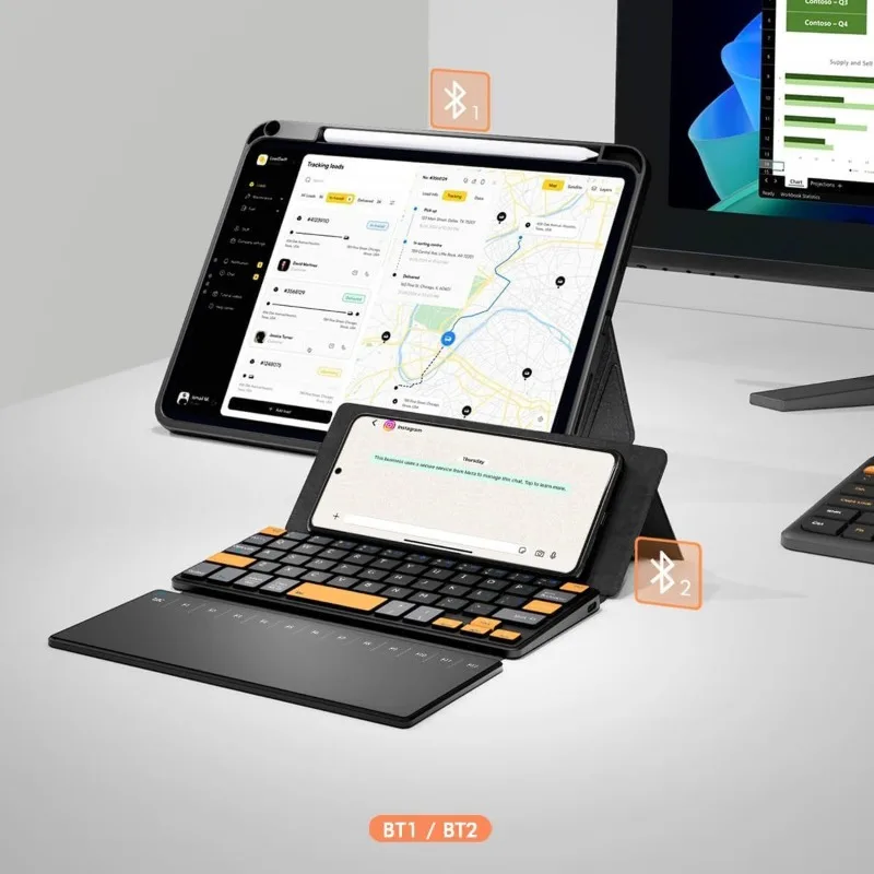Dual bluetooth numerical control keypad foldable leather case holder mini keyboard office business trip portable keyboard
