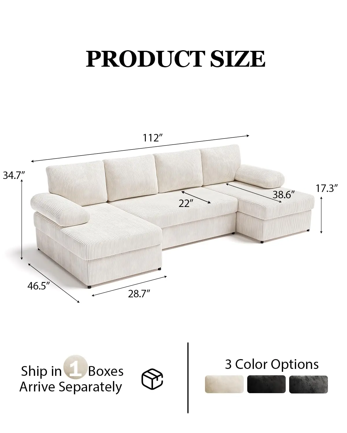 112 Inch U Shaped Sectional Sofa Double Chaise Modern Corduroy 4 Seater Couch Living Room Apartment Warm White, Customized
