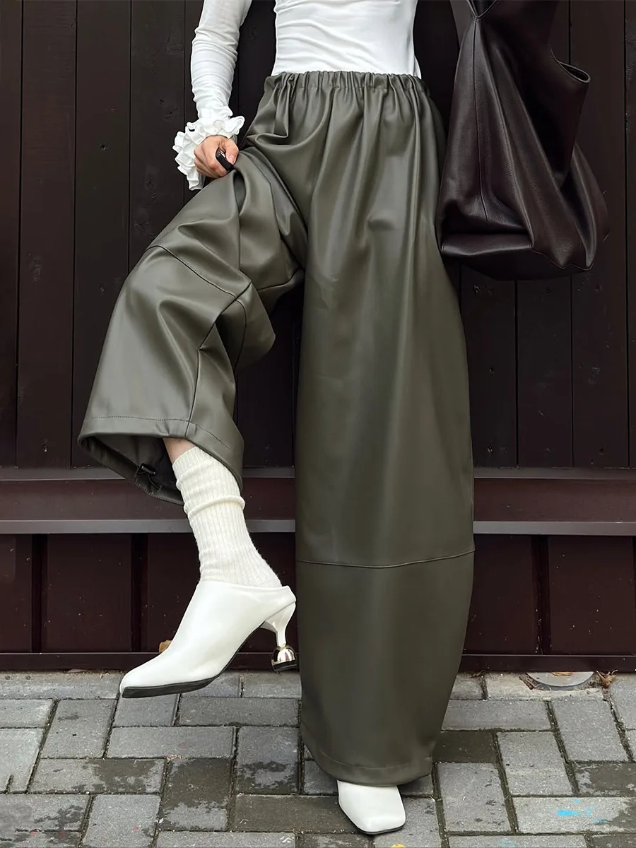 Bornladies feminino 2025 outono inverno pu lanterna calças elegante preguiçoso cordão casual exército verde perna larga calças de couro