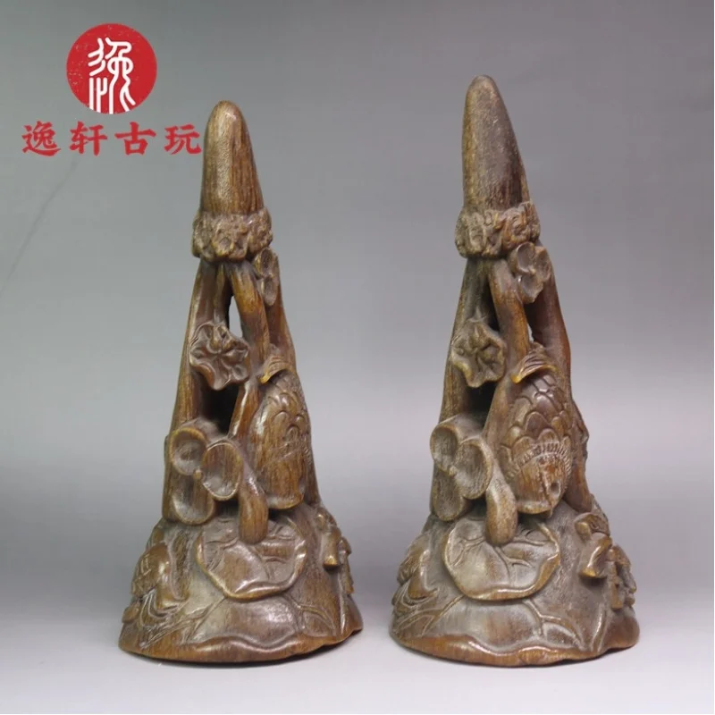 Antique collectible carving with hollowed-out lotus design, sharp-horned decorative , yak horn product, single item