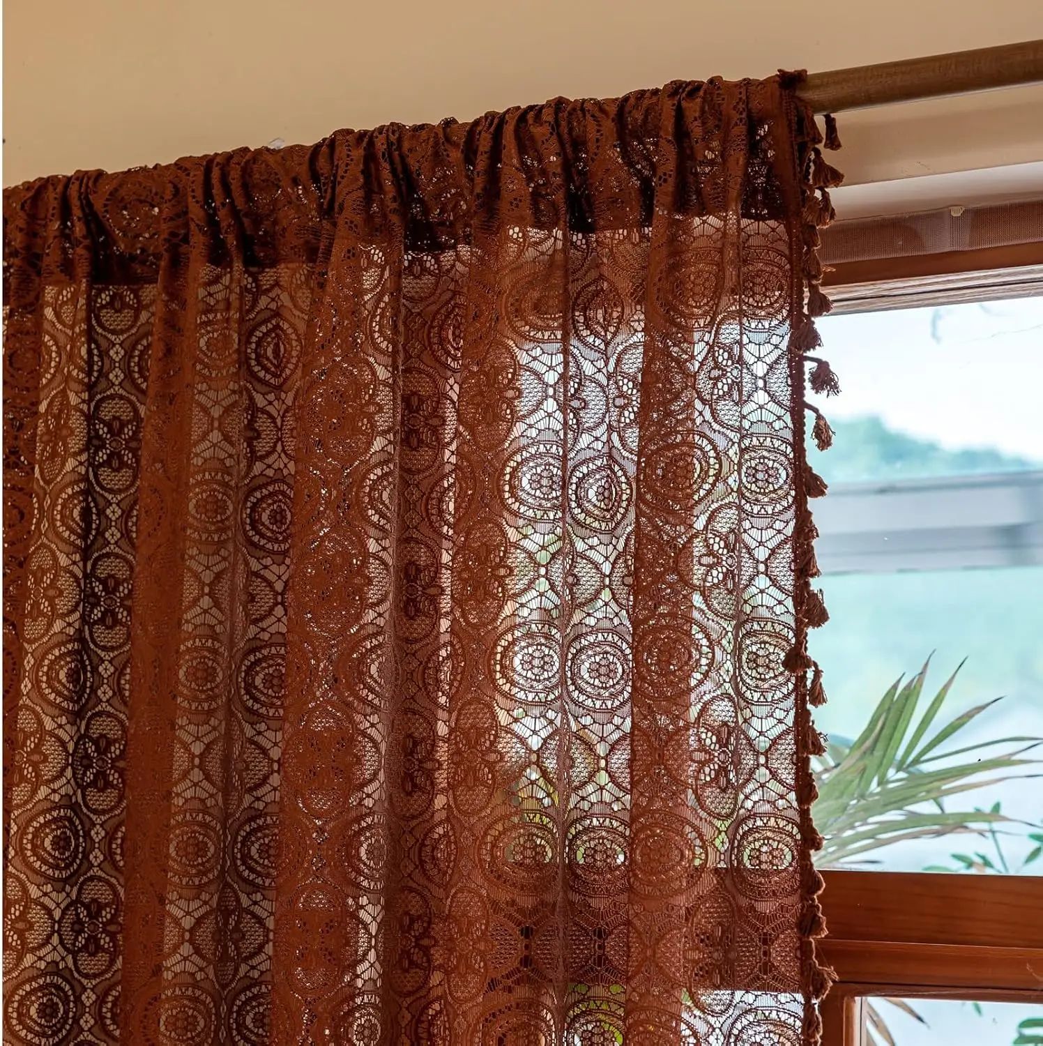 

Brown Sheer Curtains 84 Inches Long 2 Panels Boho Crochet Lace Curtains with Tassel for Living Room Closet Door Rustic P