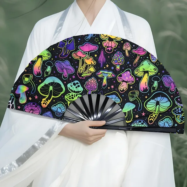 In The Dark Mushroom Folding Fan  Vibrant Neon Psychedelic Design Handheld PP Material for Parties Raves Halloween 4