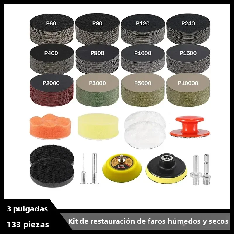 3 Inch Wet Dry Headlight Restoration Kit 133 Pcs Hook and Loop Sandpaper for Polishing and Sanding Wood Stone Lacquer Surface