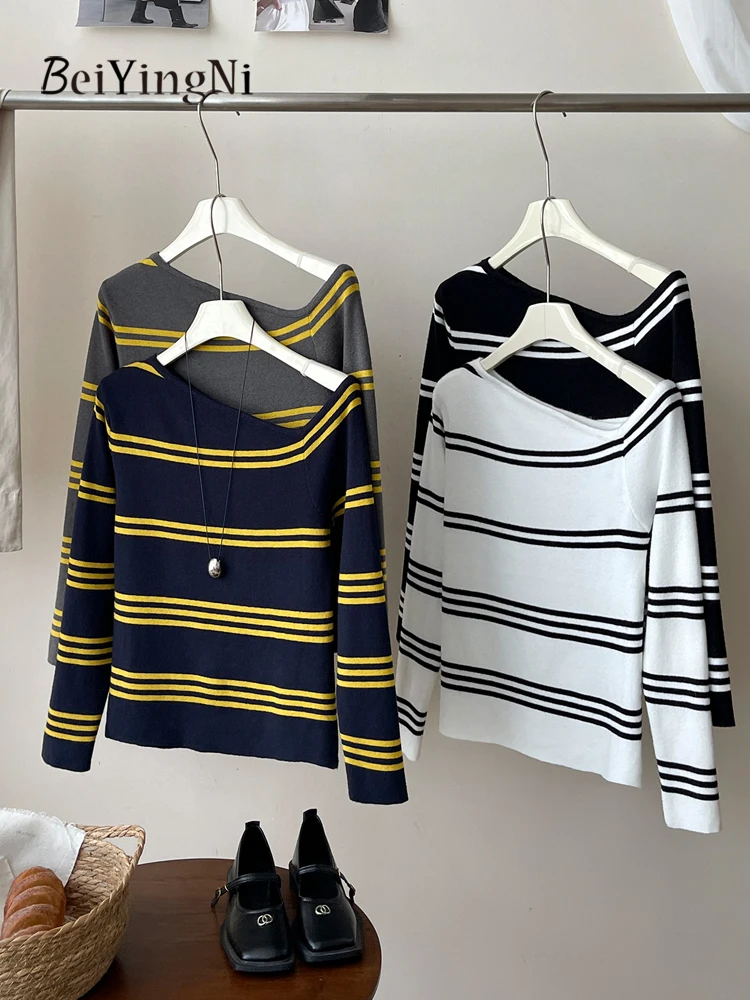 

Beiyingni American Style Women Off Shoulder Sweater Striped Sexy y2k Slim Fit Basic Full Sleeve Pullover Female Vintage Sweaters