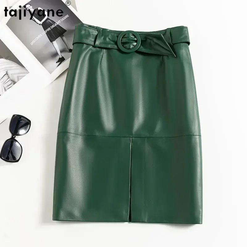 Tajiyane 100% تنورة جلدية أصلية للنساء 2023 تنانير أنيقة عالية الخصر موضة كورية من جلد الغنم الحقيقي تنورة جلدية متوسطة الطول