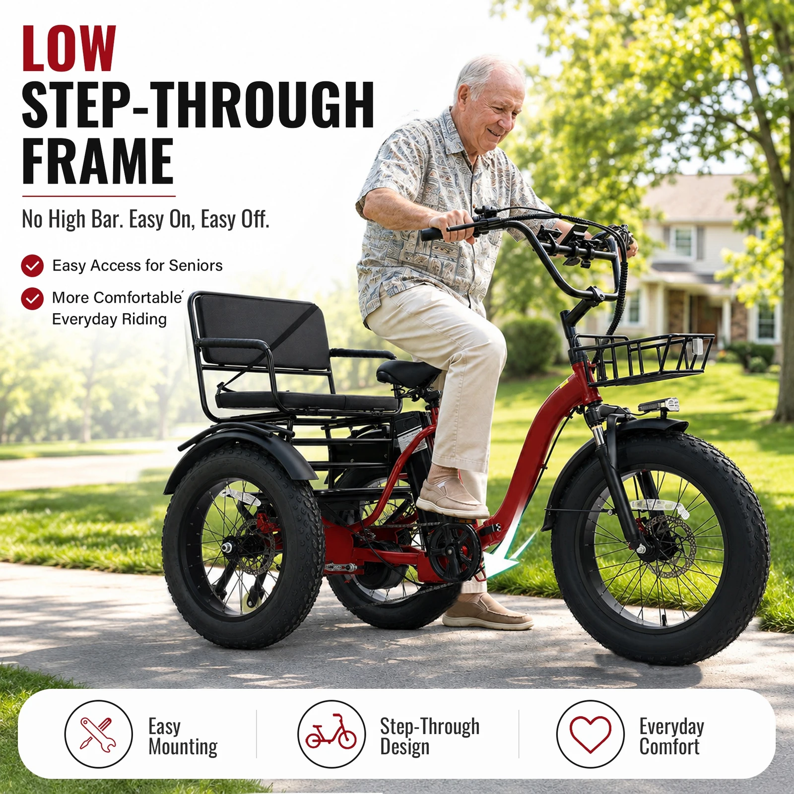 Folding E‑Trike Ideal for Seniors and Daily Commuters | 1000W Brushless Motor, 48V 16AH Battery Pack | 5‑Level Pedal Assist Plus Walk Mode | 45‑Mile Mileage, Fat‑Tire Electric Tricycle