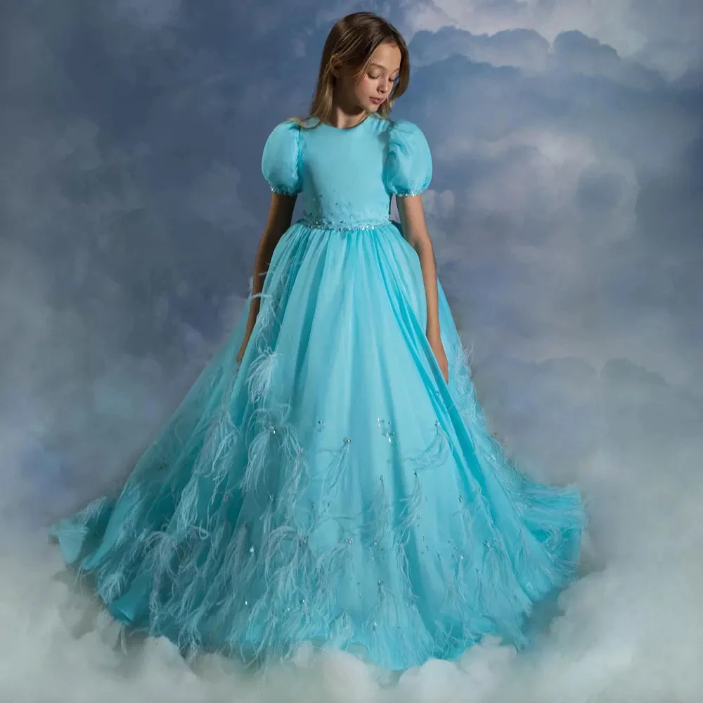 Luxury Turquoise Flower Girl Dresses Feather Beaded Children Birthday Party Gowns Ruffles Kids Wedding Guests Dresses