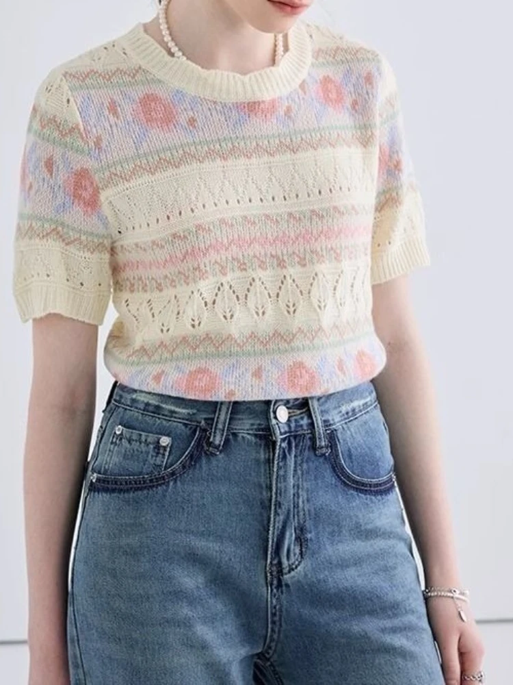 

Summer Sweet Thin Pullovers Hollow Out O Neck Short Sleeve Jacquard Knit Tops All Match Fashion Simple 2025 New Women's Clothing