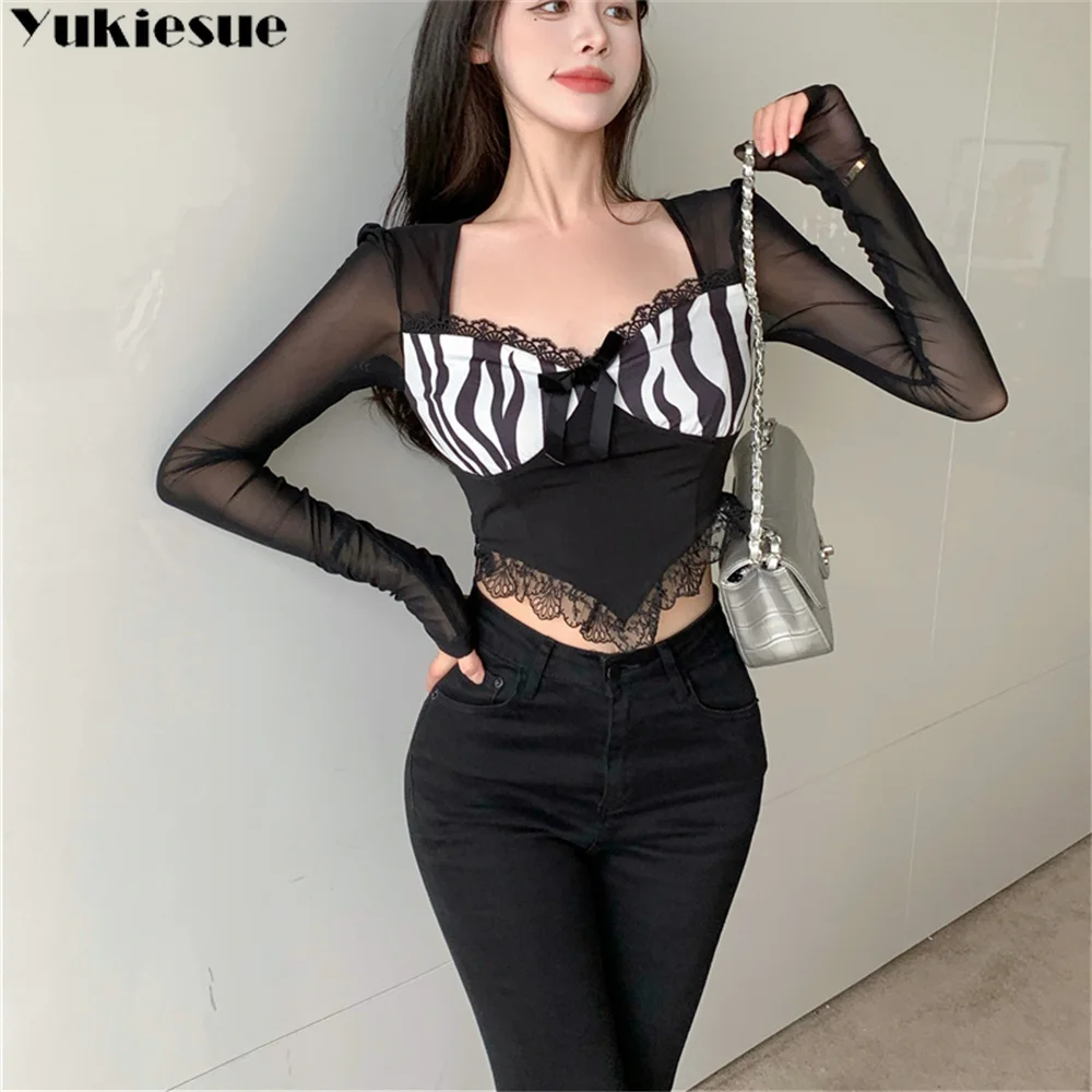 2022 Nieuwe Sexy Mesh See Through T-shirt Zwart Korte Blouse Herfst Vrouwen Vierkante Hals Lange Mouw Zebra Print Top vintage Kleding