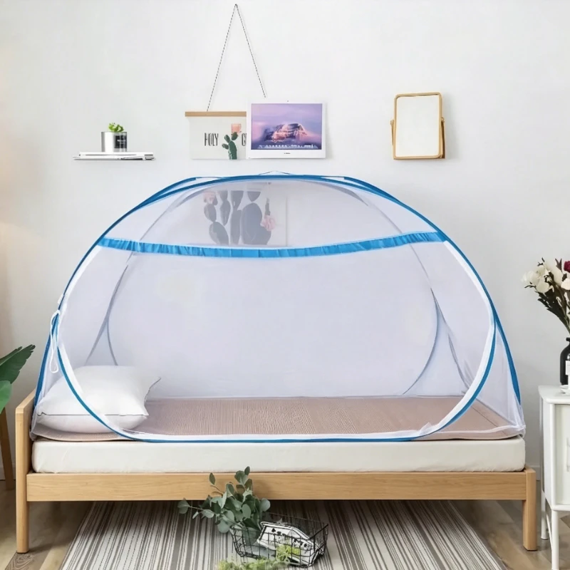 Easy-Install 3-Second Pop-Up Mongolian Yurt Mosquito Net, Full Edge Coverage, Blue, Linen/Polyester Blend, for 2m*1.8m Bed