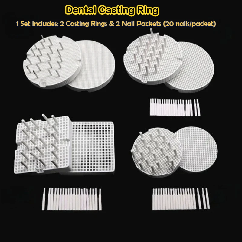 

5Sets Dental Porcelain Tray Kit - Round/Square Ceramic/Metal Burnout Flask with Nails for PFM Crown, All-Ceramic Restoration