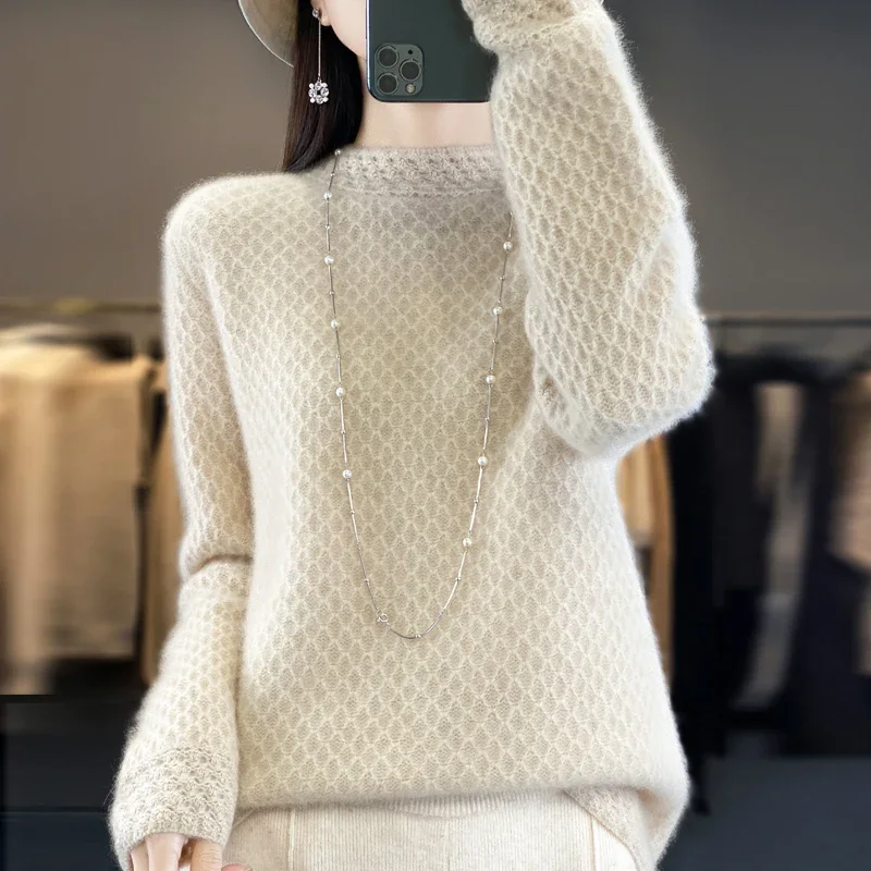 100% Australian wool thick honeycomb semi-high neck fashion new sweater sweater bottoming autumn and winter sweater