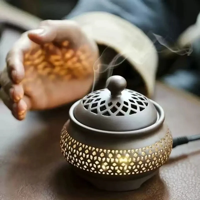 Premium Electric Incense Burner Ceramic – Rechargeable Aroma Diffuser for Home Office Yoga – Luxury Scent Warmer with LED Light