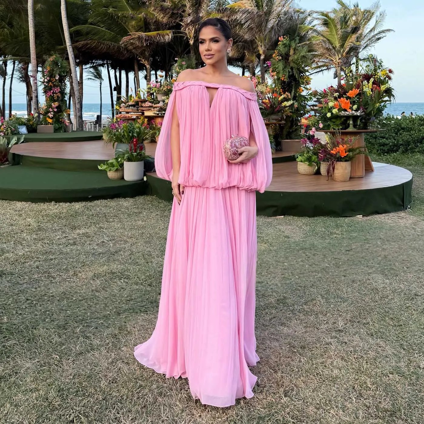 Robe de soirée plissée en mousseline de soie rose, épaules dénudées, robe de soirée de plage, printemps 2026