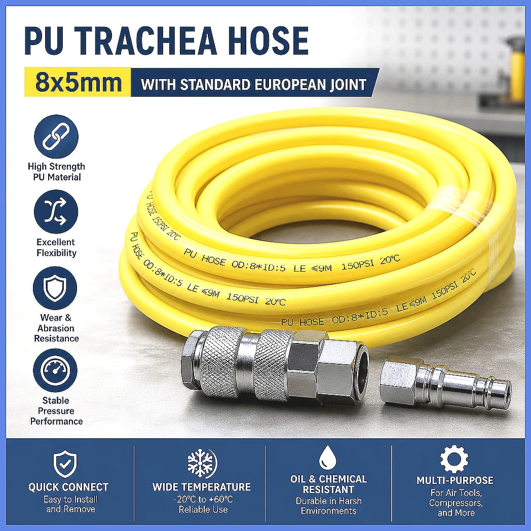 8x5mm Yellow PU Air Compressor Hose 5-20M Frost Resistant Polyurethane Tube Air Duct with Standard European Joint