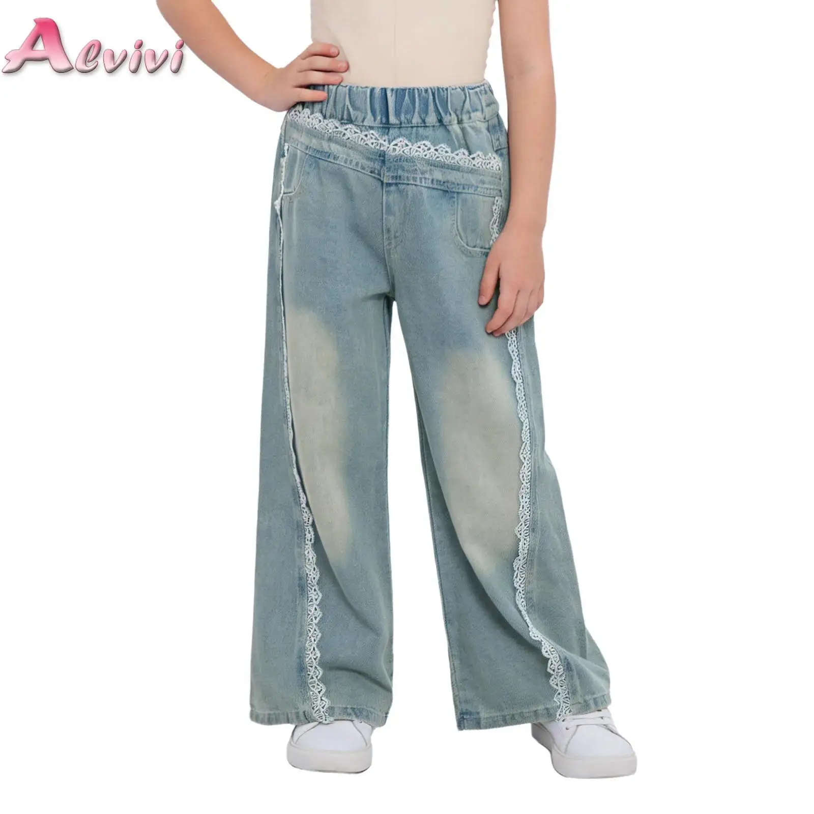 

Teen Girls Lace Denim Jeans French Design White Contrasting Trim Denim Wide Leg Pants Junior Kid Clothes Child Outfits
