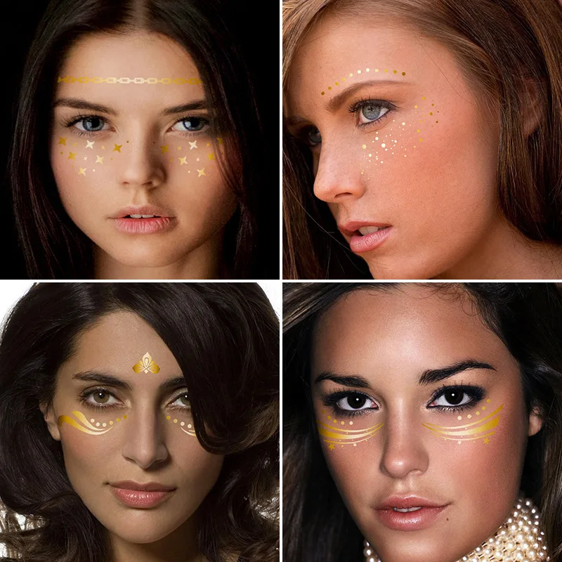 Adesivo de tatuagem na face, folha de estampagem a quente, tatuagem temporária, mulher, à prova d\'água, adesivos brilhantes na face, acessórios para