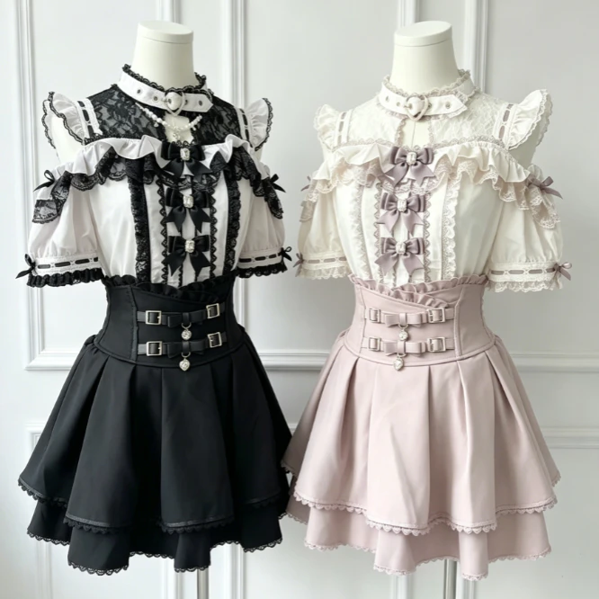 Japanische Kawaii Lolita Rüschenbluse für Damen, Harajuku, süß, JK, Schleife, Spitze, Patchwork, leicht, lässig, lockere Passform, süße Oberteile