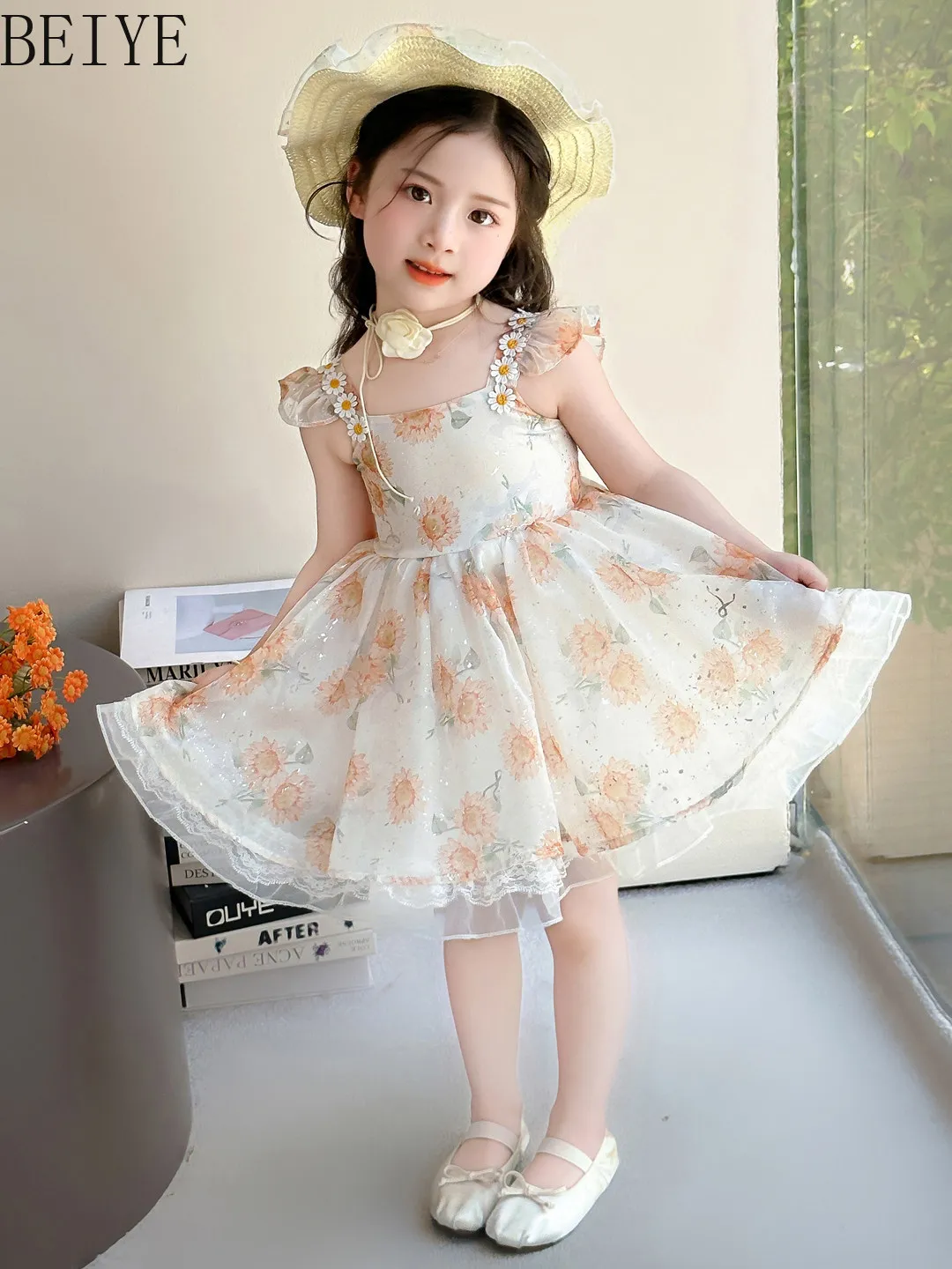 Girls' Casual Dresses Summer  Sweet & Cute Floral Princess Style Stylish Puffy Suspender Gown Birthdays Kawaii Kids Dress