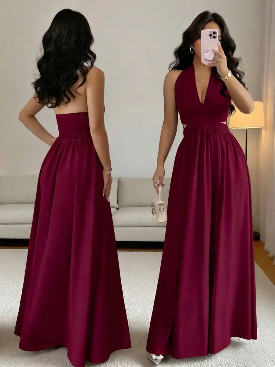 

Deep V-Neck Sleeveless Maxi Dress With Waist Cut-Out And Pleated Skirt, Burgundy, Spring Summer Formal Evening Gown