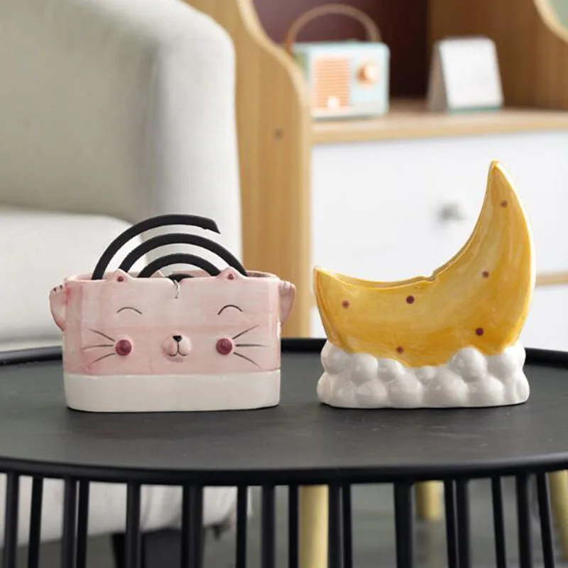 Creative Porcelain Cute Moon Cat Aromatherapy Burner Coil Incense Box Household Fragrance Smell Censer Indoor Use Home Decor