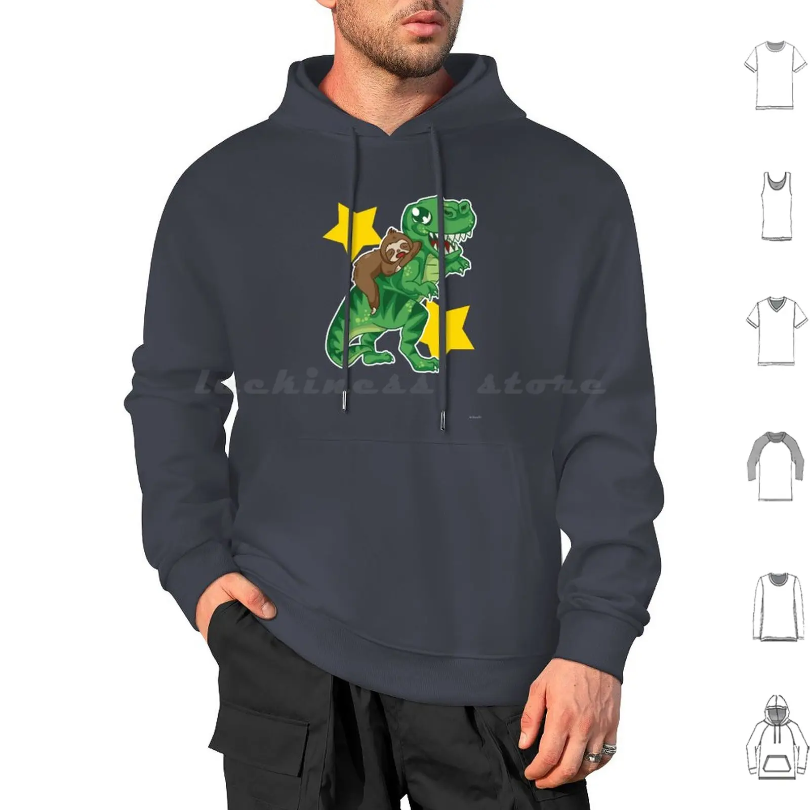 Adorable Sloth Relaxing On A T-Rex With Stars | Funny Tyrannosaurus Sloth Hoodie cotton Long Sleeve Kids Dinosaur Kid