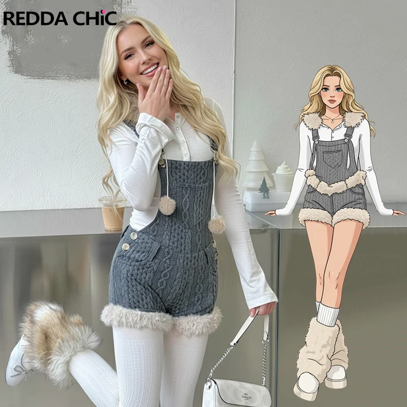 

REDDACHiC Vintage Gray Cable Knit Women Shortalls Cute Furry Trim Cable Knit Adjustable Straps Shorts Jumpsuit Winter Clothes