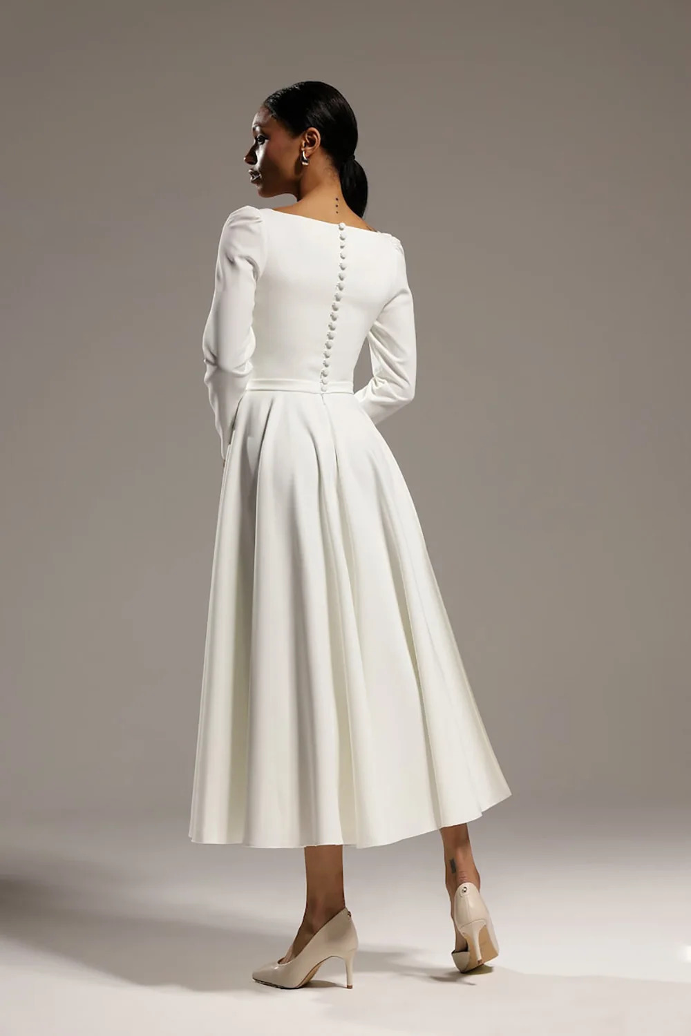 Elegant Wedding Dresses Simple Crepe Square Collar Long Sleeves Bridal Dresses Tea Length Wedding Party Dresses Customized