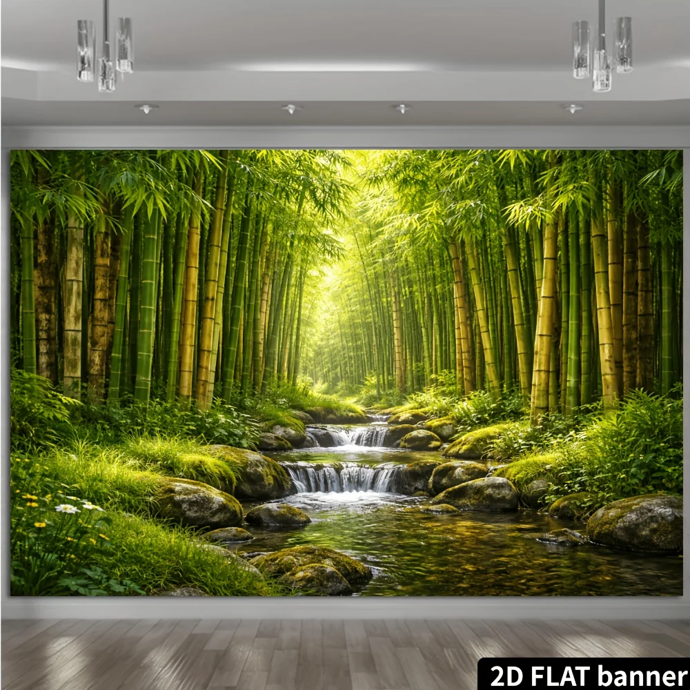 Green Bamboo Forest Stream Nature Tapestry Zen Landscape Wall Hanging Yoga Studio DecorPeaceful Scenery Fabric Poster Art2D Flat