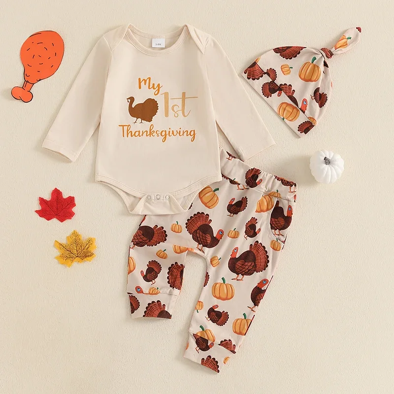 

2024-07-23 Lioraitiin Baby Girls Boys First Thanksgiving Outfits Letter Print Long Sleeve Romper with Turkey Pattern Pants Set