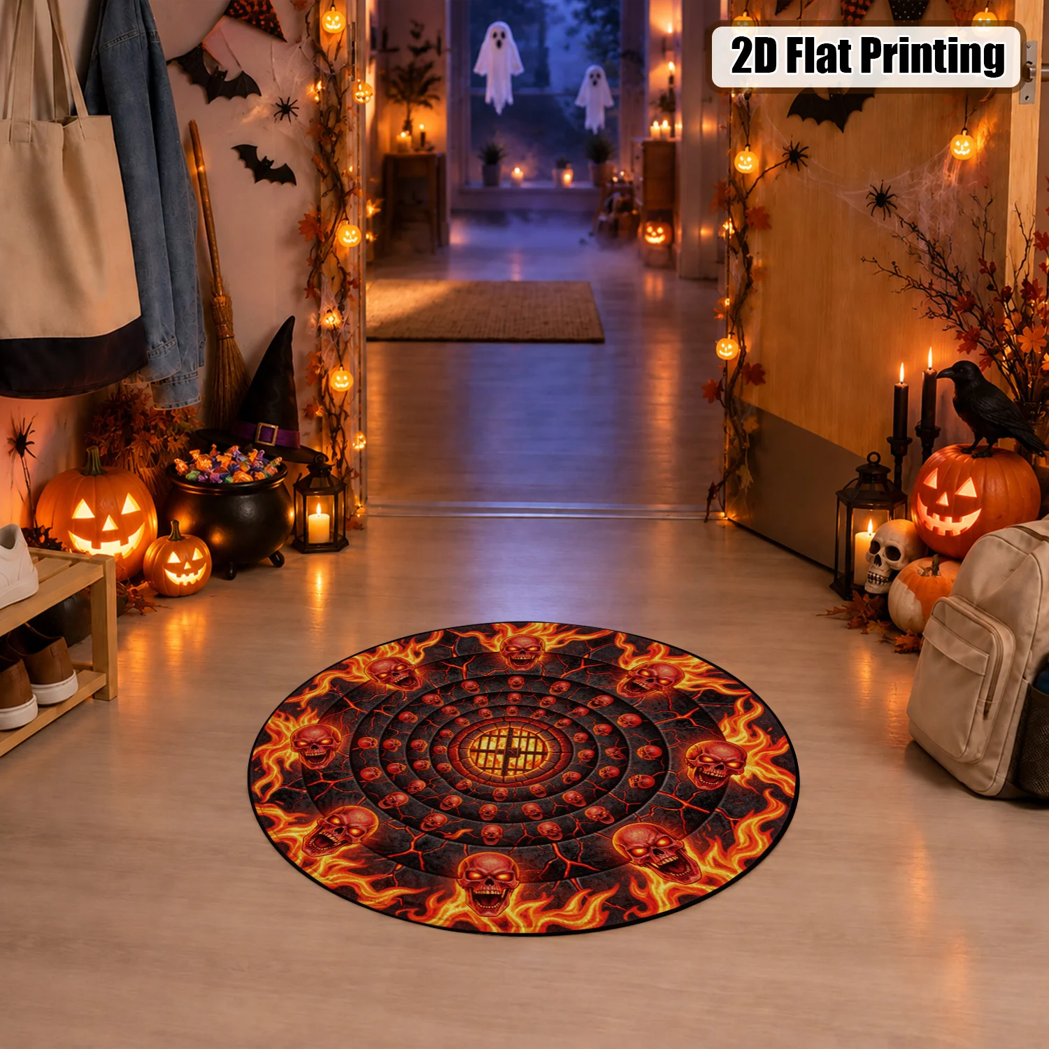 Fiery Skull Flame Circular Pattern Round Velvet Rug Machine Washable for Living Room Bedroom Entryway Office Dining Room Halloween Thanksgiving Black Friday Christmas New Year
