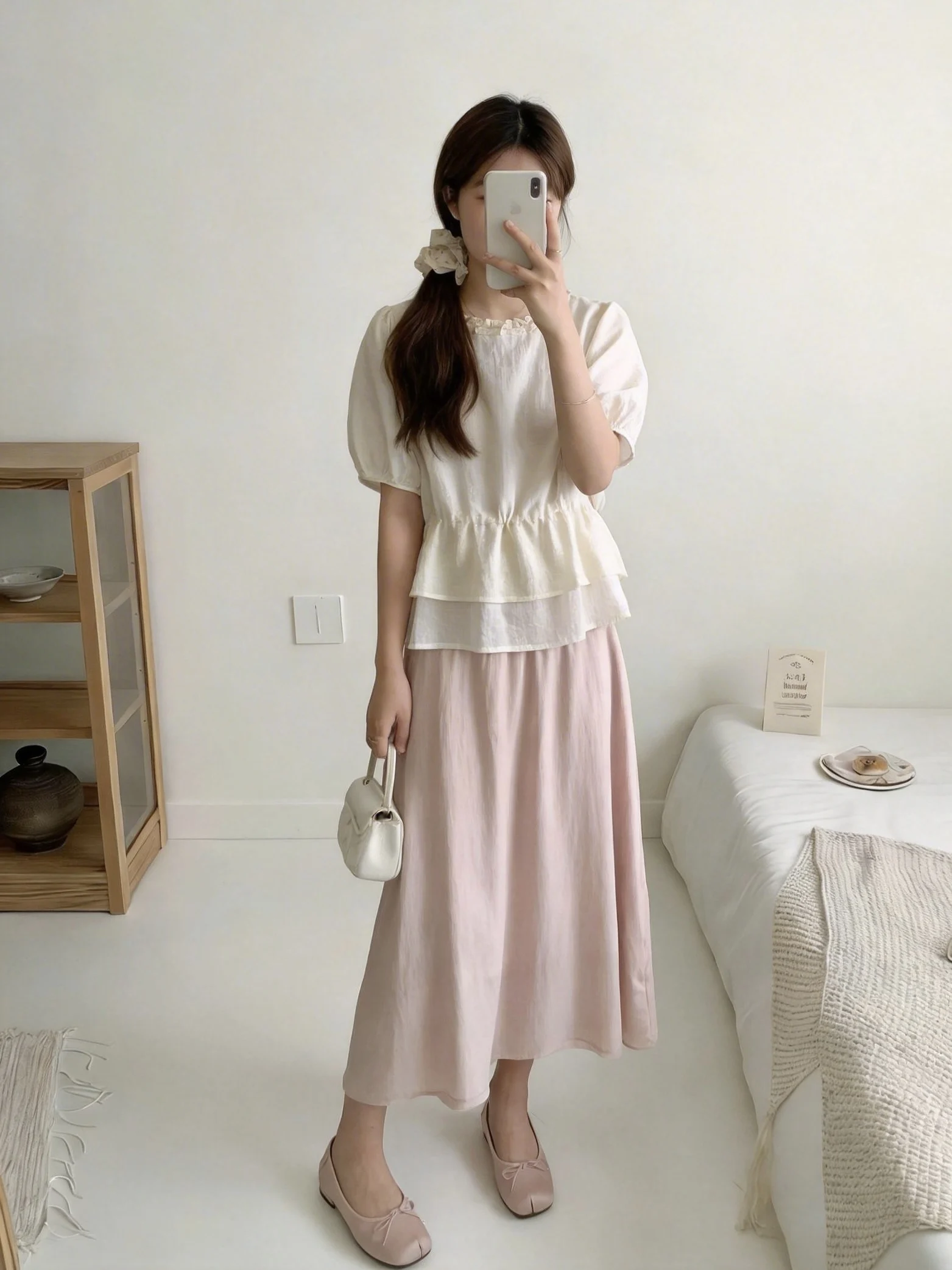 

Slimming Frock Shirt with Bubble Sleeves And Flounce Neck Design in Chiffon by NingZhi HuaYi Casual Loose Fit Short Sleeve