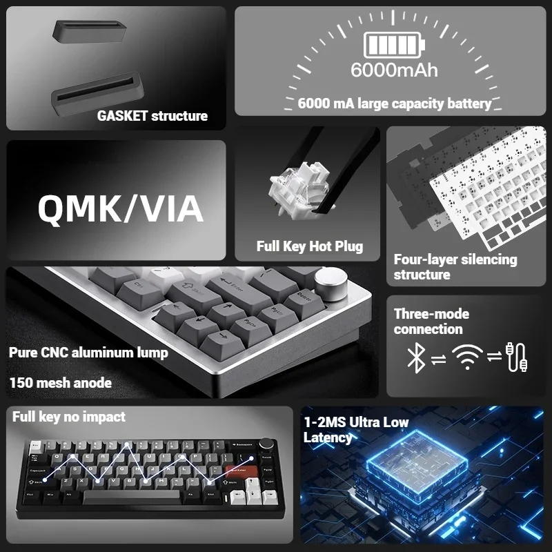 AL68 لوحة المفاتيح الميكانيكية للألعاب اللاسلكية ثلاثي الوضع باستخدام الحاسب الآلي الألومنيوم Hotswap طوقا Esports بلوتوث ألعاب لوحة المفاتيح لأجهزة الكمبيوتر المحمول اللوحي