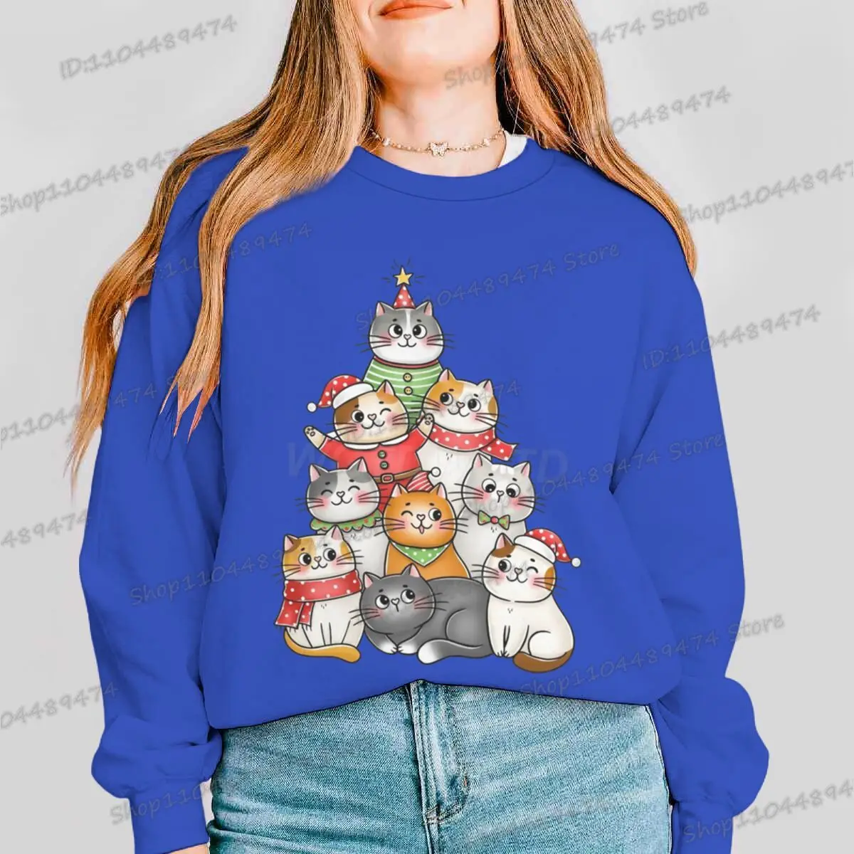 الكرتون شجرة عيد الميلاد القطط البلوز الرجال النساء طاقم الرقبة الحيوان طباعة البلوز الخريف الشتاء عارضة أزياء عيد الميلاد الملابس هدية