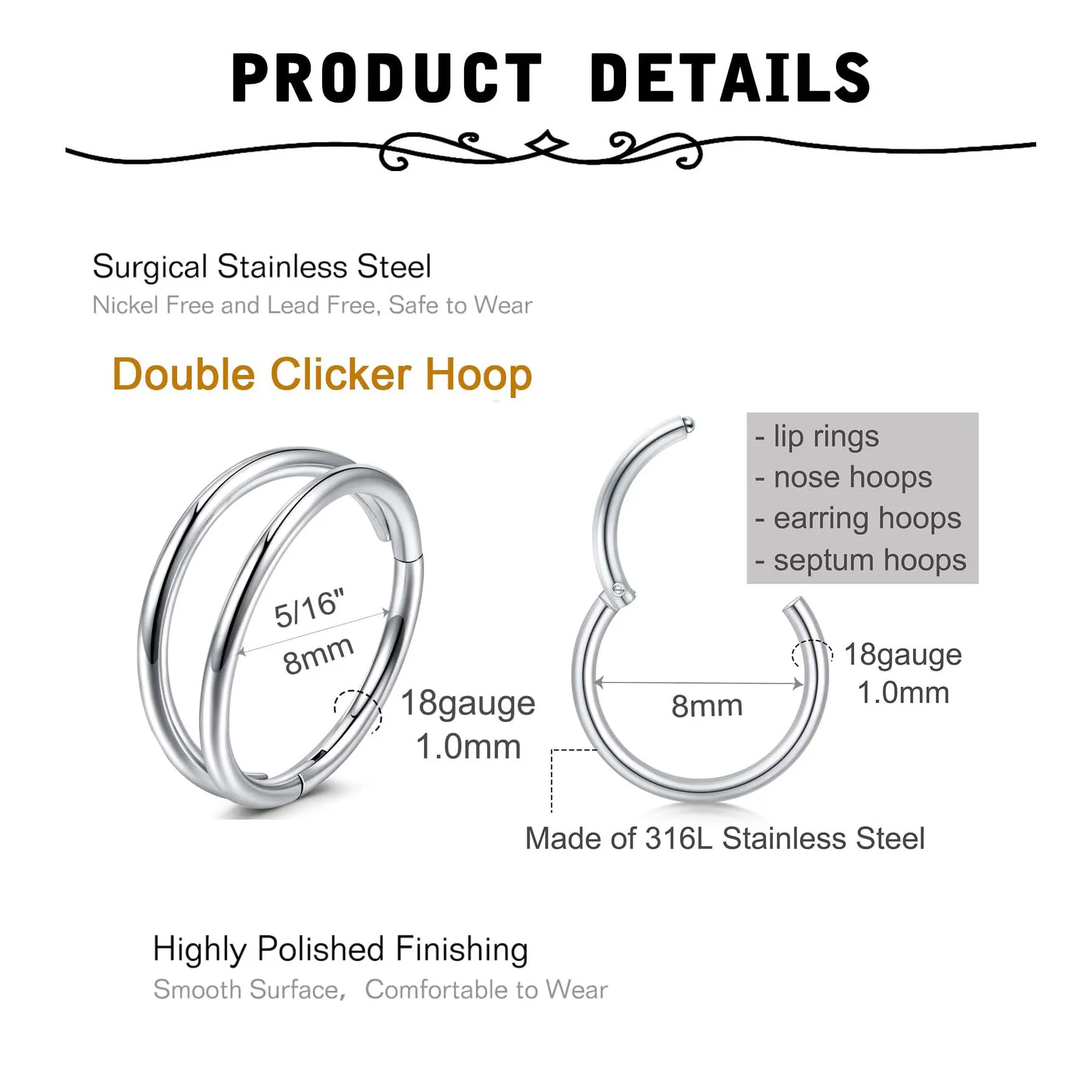 1Pcs/3Pcs Double Hoop Nose Ring Piercing Jewelry For Women Men Silvery Opal Surgical Steel Cartilage Earring Helix Hoops 18g