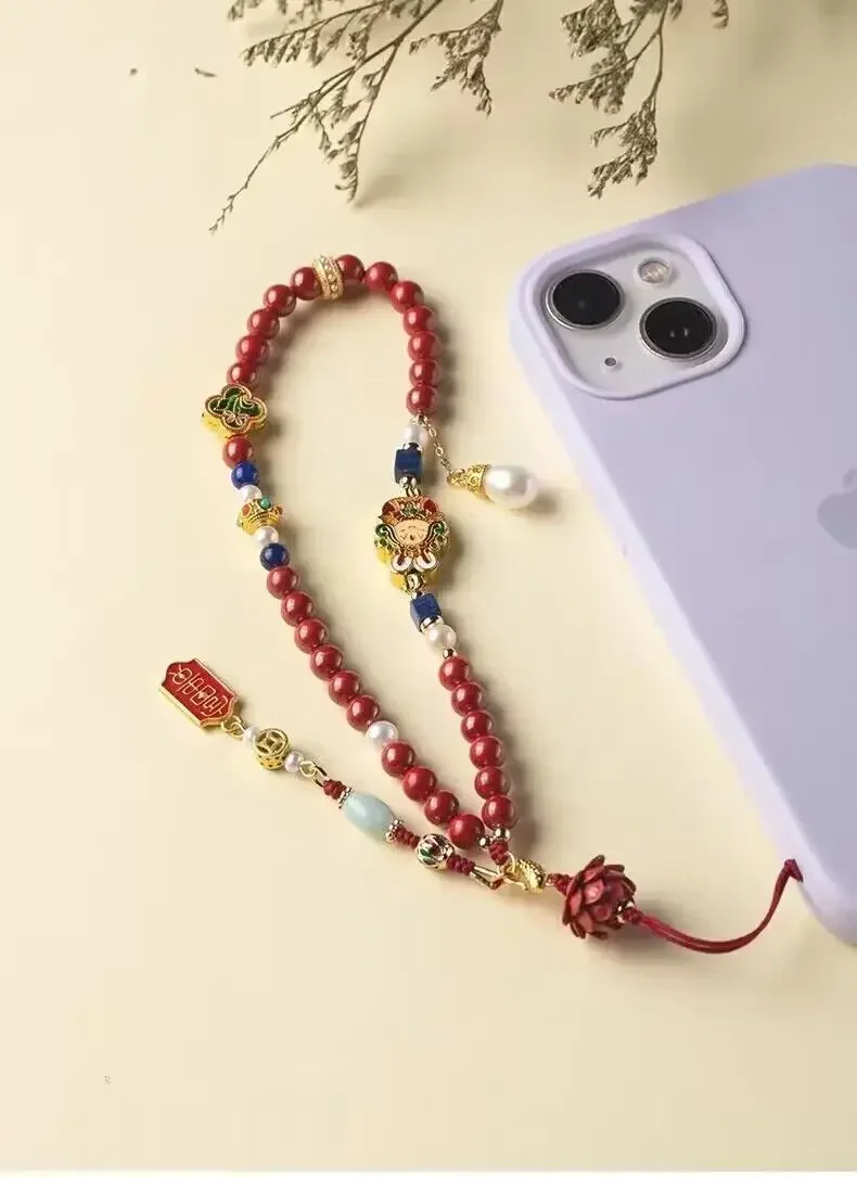 Natural Cinnabar Rabbit Year Lotus You Ping An Rabbit Lord Mobile Phone Chain Carrying Rope, Primordial Year Pearl Pendant