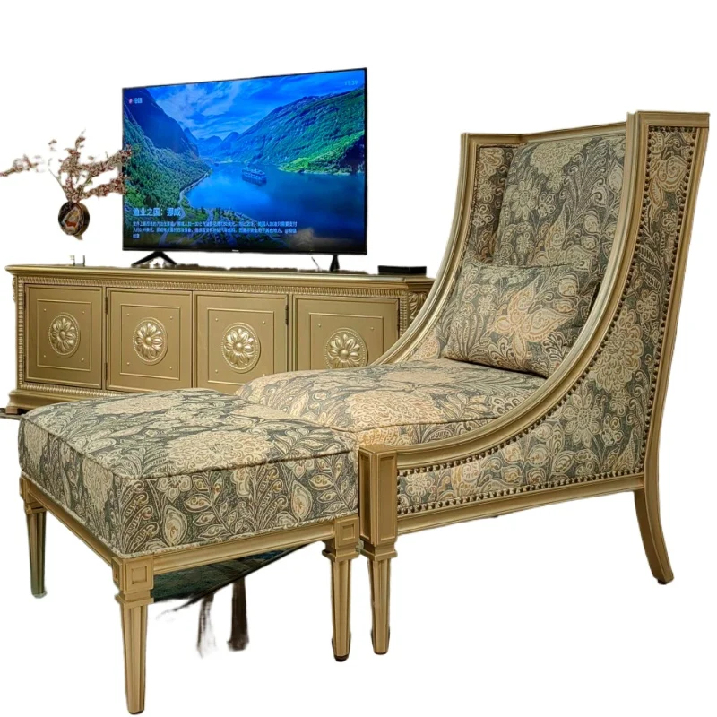 

American light luxury sofa chair, living room bedroom single leisure chair, French retro solid wood fabric