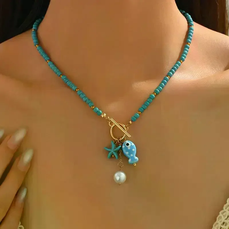 Bohemian Ceramic Fish Starfish Pendant Necklace Beads Chain Bracelet Ocean Beach Jewelry