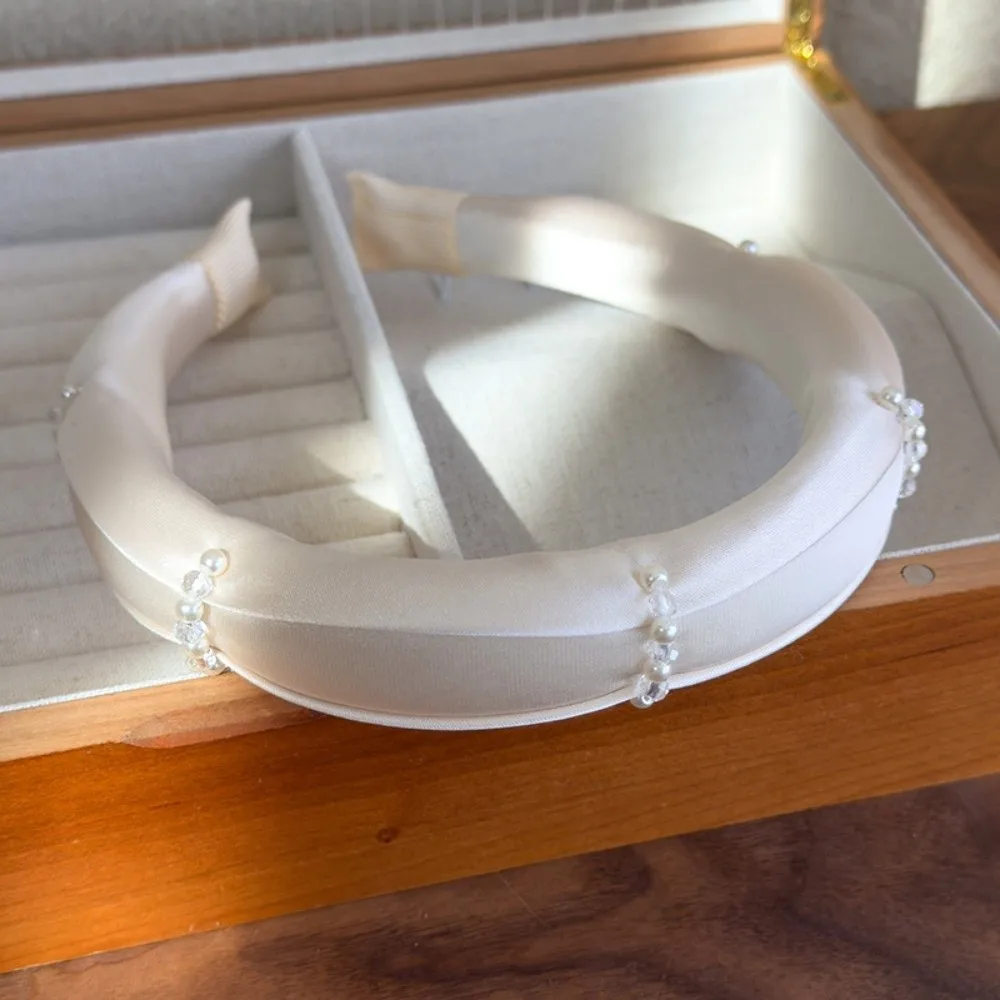 

Sweet Pearls Cloth Hair Hoop Rose Print French Style Beads Crystal Headband Wide Side Headpiece Beige Blue Hair Band Girls